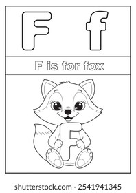 ABC Alphabet coloring pages for kids. Learn the English alphabet and letters with a cute cartoon character. F is for fox
