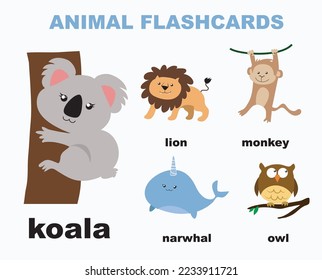 ABC alphabet with cute animals vector illustrations set. Preschool education with English alphabet for kids. Vector illustration.