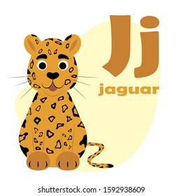 ABC Alphabet illustration. Vector cute kids animal alphabet. Letter J. Cute cartoon jaguar.