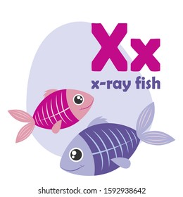 ABC Alphabet illustration. Vector cute kids animal alphabet. Letter X. Cute cartoon x-ray fish.