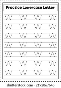 Seguimiento de letras alfabetas ABC. Letra minúscula w. Práctica de escritura a mano para niños en edad preescolar