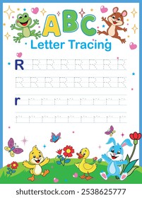 ABC alphabet letter tracing practice worksheet. Learn the English alphabet and letters with a printable kids' activity page. Educational spelling handwriting workbooks for early learners.
