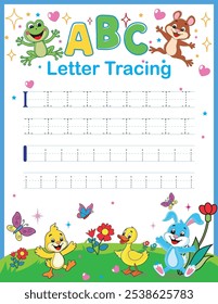 ABC alphabet letter tracing practice worksheet. Learn the English alphabet and letters with a printable kids' activity page. Educational spelling handwriting workbooks for early learners.
