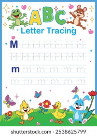 ABC alphabet letter tracing practice worksheet. Learn the English alphabet and letters with a printable kids' activity page. Educational spelling handwriting workbooks for early learners.
