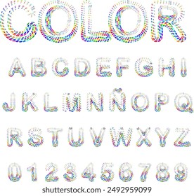 abc alphabet of letters and numbers with colored dots, very colorful font