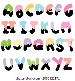 ABC alphabet set.Colorful ice cream is melting on letters, hand draw letters a-z.pastel art font.Font or consonant style