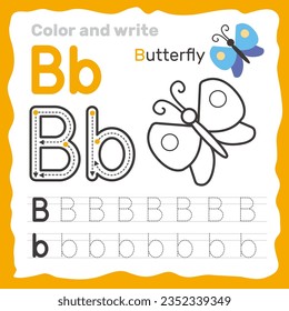 ABC alphabet tracing practice worksheet. Educational coloring book page with outline vector illustration for preschool. Letter B. svg