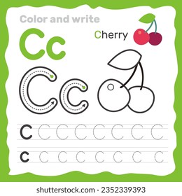 ABC alphabet tracing practice worksheet. Educational coloring book page with outline vector illustration for preschool. Letter C. svg