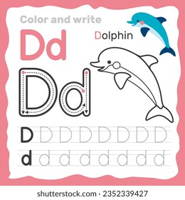 ABC alphabet tracing practice worksheet. Educational coloring book page with outline vector illustration for preschool. Letter D. svg