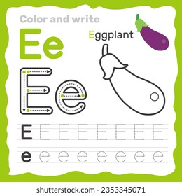 ABC alphabet tracing practice worksheet. Educational coloring book page with outline vector illustration for preschool. Letter E. svg
