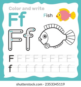 ABC alphabet tracing practice worksheet. Educational coloring book page with outline vector illustration for preschool. Letter F. svg