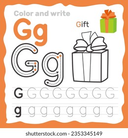 ABC alphabet tracing practice worksheet. Educational coloring book page with outline vector illustration for preschool. Letter G. svg