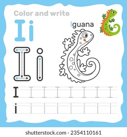 ABC alphabet tracing practice worksheet. Educational coloring book page with outline vector illustration for preschool. Letter I. svg