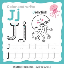 ABC alphabet tracing practice worksheet. Educational coloring book page with outline vector illustration for preschool. Letter J. svg