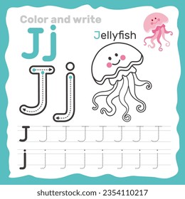 ABC alphabet tracing practice worksheet. Educational coloring book page with outline vector illustration for preschool. Letter J.