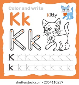 ABC alphabet tracing practice worksheet. Educational coloring book page with outline vector illustration for preschool. Letter K. svg