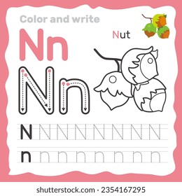 ABC alphabet tracing practice worksheet. Educational coloring book page with outline vector illustration for preschool. Letter N. - Shutterstock ID 2354167295