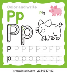 ABC alphabet tracing practice worksheet. Educational coloring book page with outline vector illustration for preschool. Letter P. svg