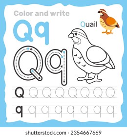 ABC alphabet tracing practice worksheet. Educational coloring book page with outline vector illustration for preschool. Letter Q. svg