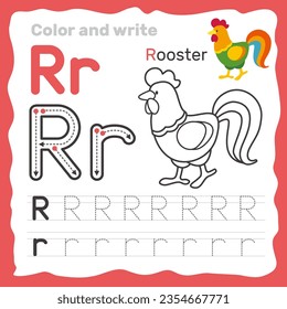 ABC alphabet tracing practice worksheet. Educational coloring book page with outline vector illustration for preschool. Letter R. svg