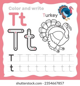 ABC alphabet tracing practice worksheet. Educational coloring book page with outline vector illustration for preschool. Letter T. svg