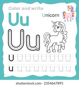 ABC alphabet tracing practice worksheet. Educational coloring book page with outline vector illustration for preschool. Letter U. svg