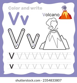 hoja de trabajo práctica de seguimiento del alfabeto ABC. Página del libro de coloración educativa con un esquema de ilustración vectorial para preescolar. Carta V.