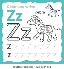 ABC alphabet tracing practice worksheet. Educational coloring book page with outline vector illustration for preschool. Letter Z. svg