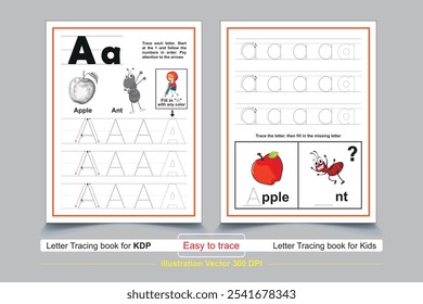 ABC alphabet tracing practice worksheet. word coloring book page with silhouette outline vector illustration for preschool. Uppercase, Lowercase letter Tracing and coloring book For Pre-school Kids