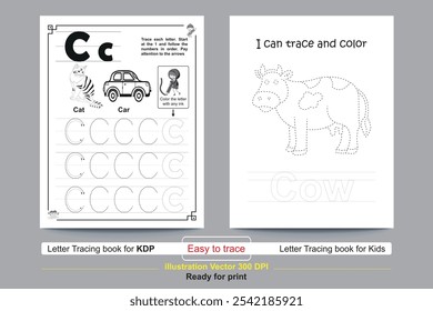 ABC alphabet tracing practice worksheet. word coloring book page with silhouette outline vector illustration for preschool. Uppercase, Lowercase letter Tracing and coloring book For Pre-school Kids