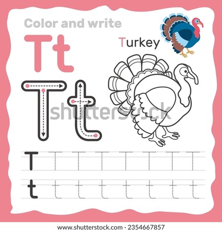 ABC alphabet tracing practice worksheet. Educational coloring book page with outline vector illustration for preschool. Letter T.