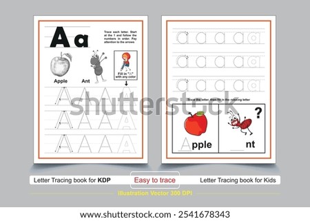 ABC alphabet tracing practice worksheet. word coloring book page with silhouette outline vector illustration for preschool. Uppercase, Lowercase letter Tracing and coloring book For Pre-school Kids