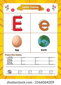 ABC alphabet tracing worksheet for kids. Letter E.