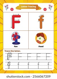 ABC alphabet tracing worksheet for kids. Letter F.