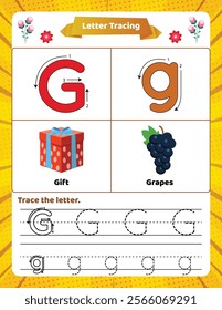 ABC alphabet tracing worksheet for kids. Letter G.