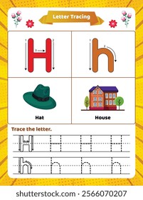 ABC alphabet tracing worksheet for kids. Letter H.