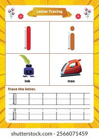 ABC alphabet tracing worksheet for kids. Letter I.