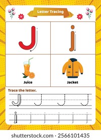 ABC alphabet tracing worksheet for kids. Letter J.