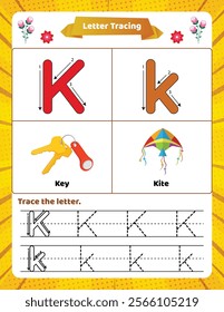 ABC alphabet tracing worksheet for kids. Letter K.