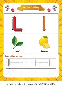 ABC alphabet tracing worksheet for kids. Letter L.