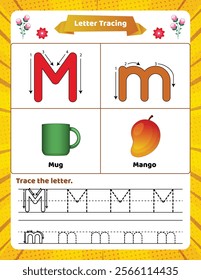 ABC alphabet tracing worksheet for kids. Letter M.