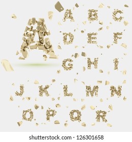 Abc alphabet type font set of vector letters broken into tiny glossy golden pieces