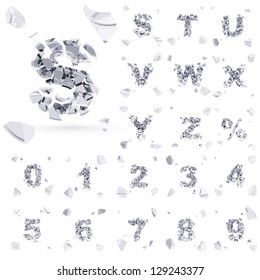 Abc alphabet type font set of vector letters broken into tiny glossy chrome silver pieces