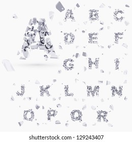 Abc alphabet type font set of vector letters broken into tiny glossy chrome silver pieces