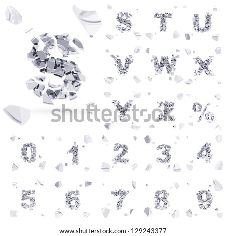 Abc alphabet type font set of vector letters broken into tiny glossy chrome silver pieces
