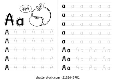 ABC Alphabets Tracing Book Interior For Kids. Children Writing Worksheet With Picture. Premium Vector Elements Letter A.