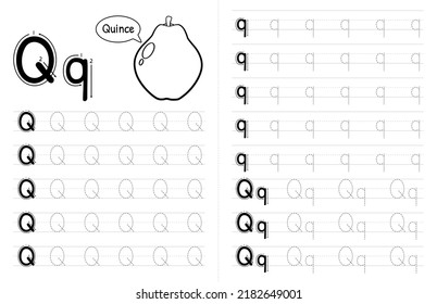 ABC Alphabets Tracing Book Interior For Kids. Children Writing Worksheet With Picture. Premium Vector Elements Letter Q.