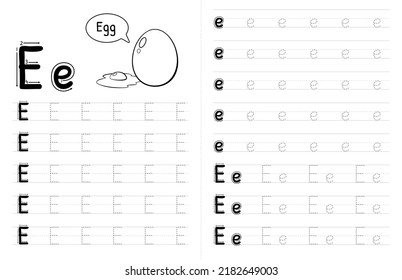 ABC Alphabets Tracing Book Interior For Kids. Children Writing Worksheet With Picture. Premium Vector Elements Letter E.