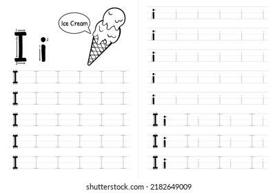 ABC Alphabets Tracing Book Interior For Kids. Children Writing Worksheet With Picture. Premium Vector Elements Letter I.