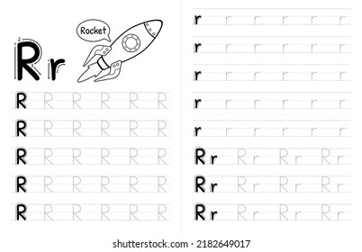 ABC Alphabets Tracing Book Interior For Kids. Children Writing Worksheet With Picture. Premium Vector Elements Letter R.